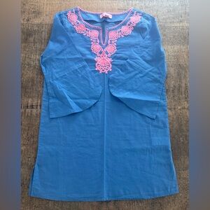 Lilly Pulitzer Girls Large Blue Coverup with Pink Embroidery
